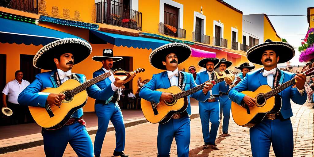 grupo de mariachis tocando sus guitarras y otros instrumentos típicos y también vestidos con tus trajes tradicionales en azul y sombreros negros