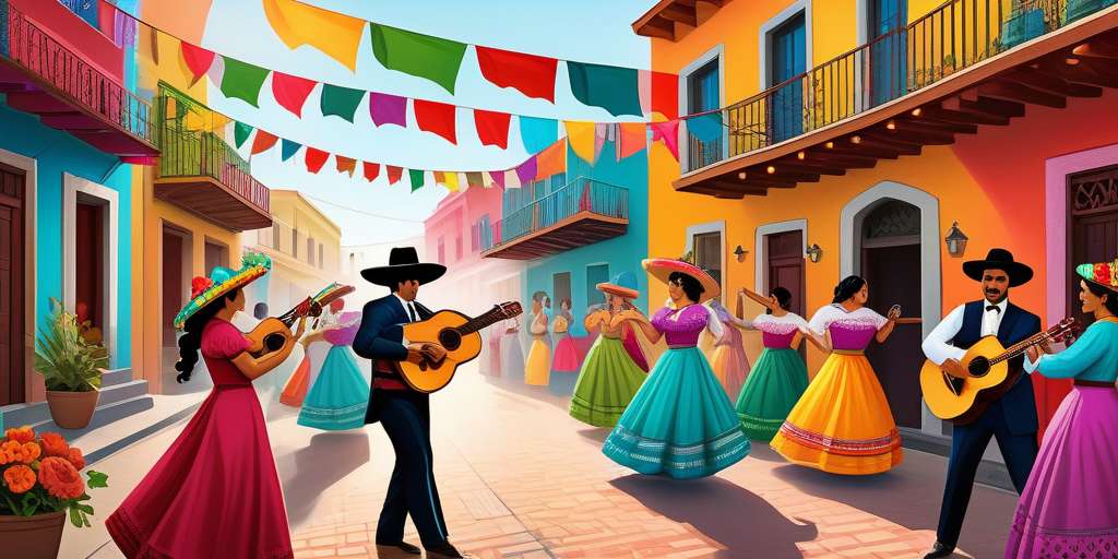 dibujo de mariachis en fiesta tocando canciones al costado de mujeres con trajes típicos de méxico